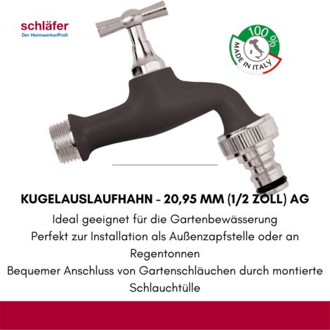 Schläfer 435720 - Rubinetto Giardino Colorato 1/2 x 3/4 Pollice Rubinetto Fontana Giardino in Ottone, Rubinetto per Esterno con Portagomma a Innesto Rapido Colore Nero Opaco.
