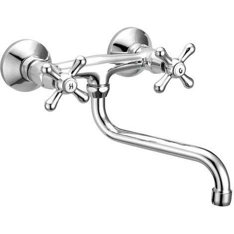 Schläfer 3460110 Rubinetto a Muro per Lavello Cucina, Lavatoio Lavanderia e Lavabo Bagno, con Manopole Stile Antico e Canna Girevole Universale a S 200mm, Finitura Cromata