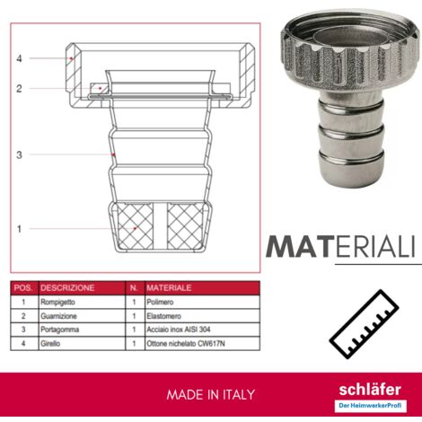 Raccordo Portagomma Girello In Ottone Cromato 1/2" (DN15) Per Rubinetto Giardino, Schläfer, Made In Italy, 10 Bar - 4