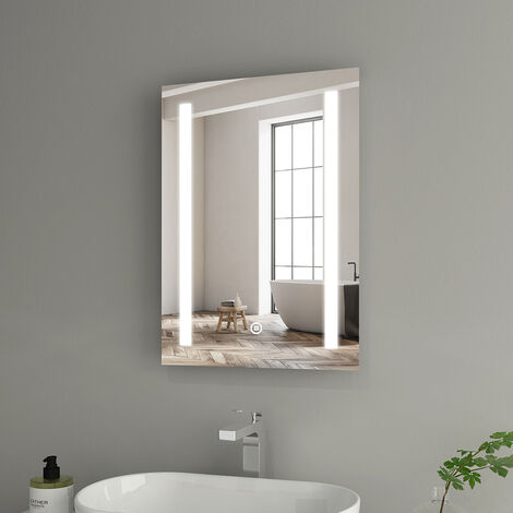 Heilmetz 500 × 700 mm Bathroom Mirror with Shaver Socket, Illuminated Vanity Bathroom Mirror with LED Light Touch Switch Pad Demister Vertical IP44 Waterproof