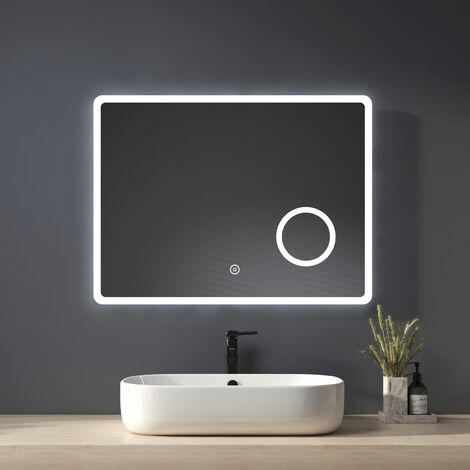 Heilmetz Backlit Illuminated Bathroom Mirror with Shaver Socket 800×600mm, Wall Mounted Multifunction LED Bathroom Vanity Mirror with Touch Switch + Demister + 3-Fold Magnification