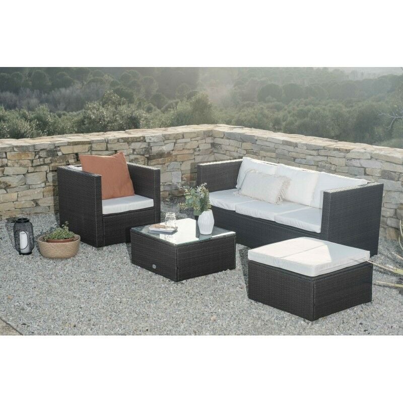 Muebles De Jardín Los Ángeles Marrón 5 Plazas 1 Sofá Triple, 1 Sillón, 1 Puf, 1 Mesa Ratán Sintético