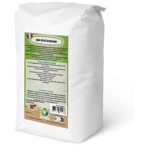 Engrais biologique sang séché en bouchon 25kg – Libération rapide – Riche en azote – Activateur de compost – Pour gazons et rosiers – Prefor