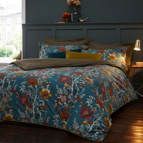 Paoletti Bloom Floral 100% Cotton Duvet Cover Set Teal Single