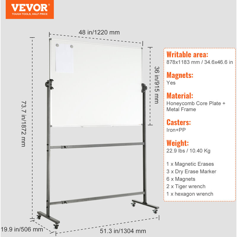 VEVOR Rolling Magnetic Whiteboard, Double-Sided Mobile Whiteboard 48x36 Inches, Adjustable Height Dry Erase Board with Wheels