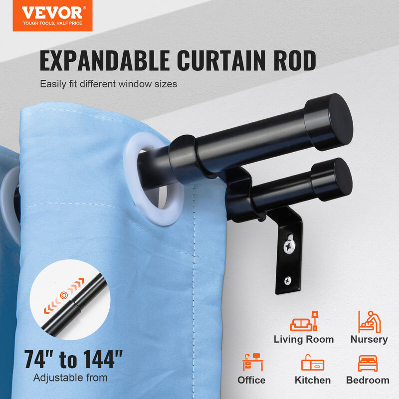 VEVOR Double Rod Curtain Rods, 72-144 inches(6-12ft) Adjustable Length,  Black Double Curtain Rods with Cap Finials, 1 and 3/4 Diameter, Double  Window Drapery Rod for Sheer and Blackout Curtains