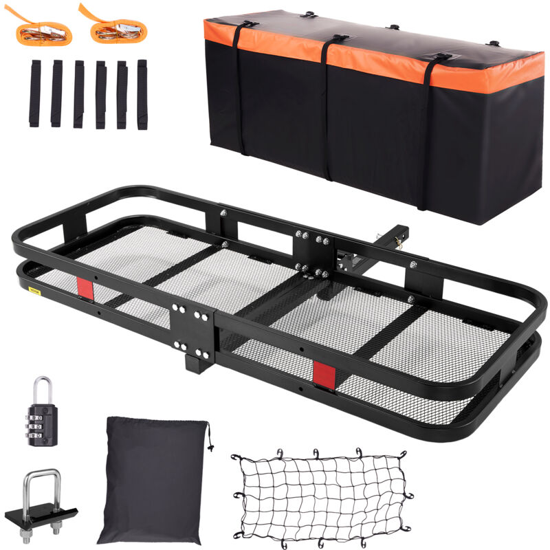 VEVOR Hitch Cargo Carrier 60 x 24 x 6 in Folding Trailer Hitch Mounted Steel Cargo Basket 500lb Luggage Carrier Rack with Waterproof Cargo Bag Cargo Net Fit 2 Hitch Receiver for SUV