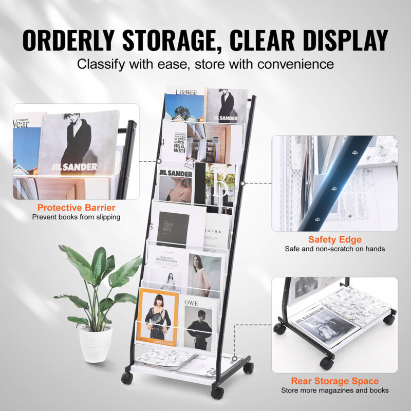 Dropship VEVOR Brochure Display Rack, 4-Tier 32 Pockets Rotating Magazine Literature Display Stand For Postcards 360 Spinning Greeting Cards Rack With 5 Wheels 2 Lockable For Shop Exhibitions Office