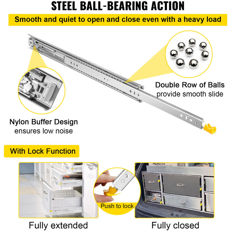 VEVOR 30 Heavy Duty Drawer Slides, Locking Drawer Slides 500lbs Load  Capacity Long Full Extension Drawer Slide 1 Pair Side Mount Ball Bearing  Drawer Glides Push to Open Drawer Runners Rail 