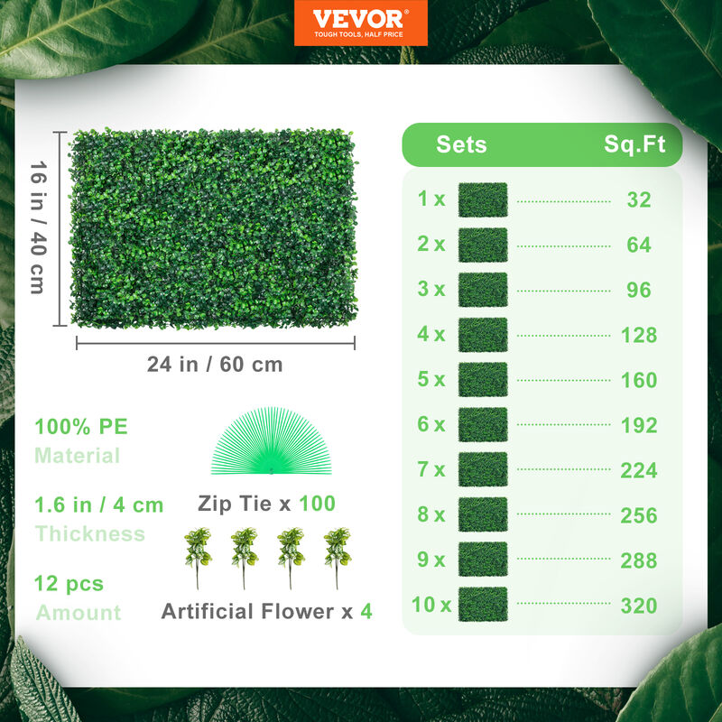 VEVOR 12pcs Artificial Boxwood Panel UV Boxwood Hedge Wall Panels