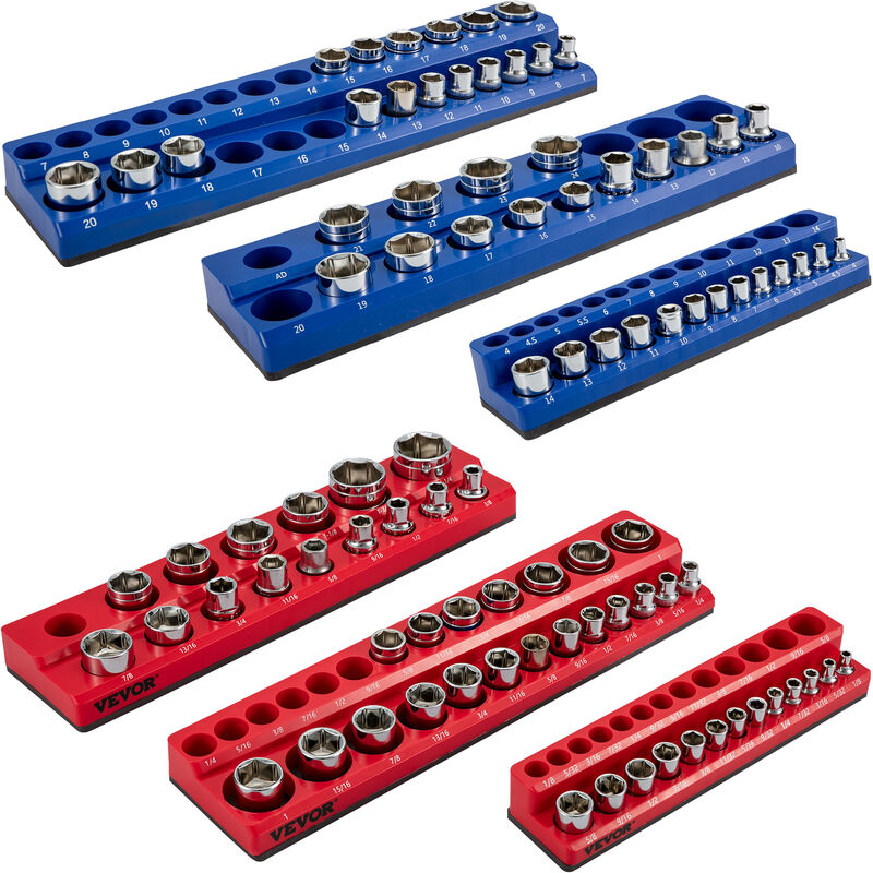 VEVOR 6-pack Metric And SAE Magnetic Socket Organizers 1/2-Inch 3/8-Inch 1/4-Inch Drive Socket Holders Hold 143 Sockets Red And Blue Tool Box