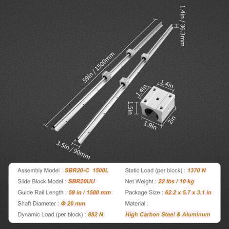 Mophorn Linear Guide Rail Set, SBR20 1500mm, 2 Rails & 4 Slide Blocks, Linear Rails & Bearings Kit for CNC Routers, DIY Automated Machines