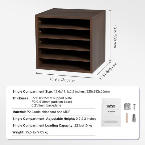 VEVOR Literature Organizers, 5 Compartments Office Mailbox with Adjustable Shelves, Wood literature sorter 13.9x12x13 inches for Office, Home, Classroom, Mailrooms Organization, EPA Certified, Brown
