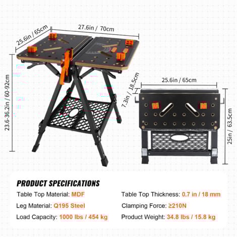 Mophorn 2-in-1 Folding Work Table, 1000 lbs Capacity Sawhorse & Workbench, Adjustable Height, Steel Legs, Portable Foldable Tool Stand with Wood Clamp, 4 Bench Dogs, 2 Hooks, Easy Storage