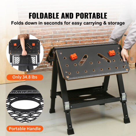 Mophorn 2-in-1 Folding Work Table, 1000 lbs Capacity Sawhorse & Workbench, Adjustable Height, Steel Legs, Portable Foldable Tool Stand with Wood Clamp, 4 Bench Dogs, 2 Hooks, Easy Storage