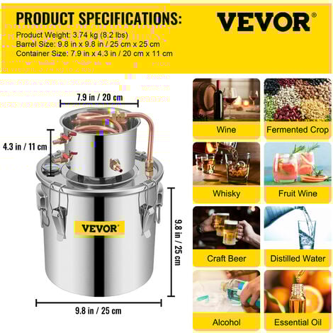 VEVOR Still Distiller 3Gal Water Distiller 12L Stainless Steel Water Distiller Copper Tube Home Brewing Kit Build-in Thermometer for DIY Whisky Wine Brandy Sliver