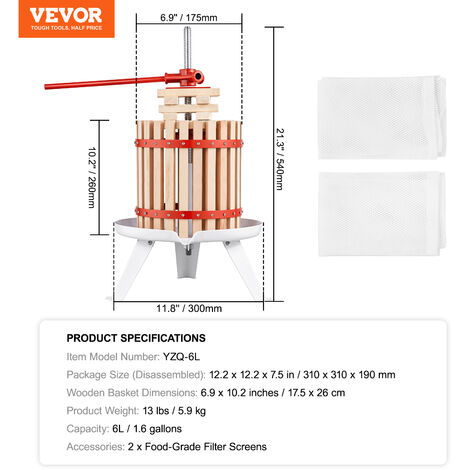VEVOR Fruit Wine Press 1.6 Gallon/6L, Solid Wood Basket with 6 Blocks, Manual Juice Maker, Cider Apple Grape Tincture Vegetables Honey Olive Oil Making Press with Pole Handle Bar for Kitchen and Home