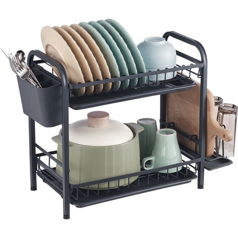 1pc 2-tier Kitchen Dish Drying Rack With Drainboard, Rust-proof Compact Dish  Organizer With Utensil Holder, Cutting Board Holder For Kitchen Countertop,  Black