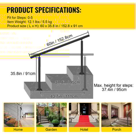 Mophorn 5 FT Stair Railing Kit, Adjustable Angle Black Aluminum ...