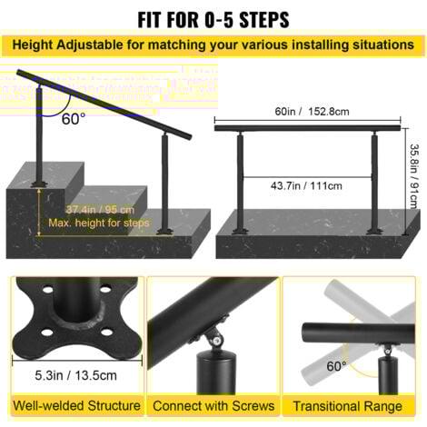 Mophorn 5 FT Stair Railing Kit, Adjustable Angle Black Aluminum ...