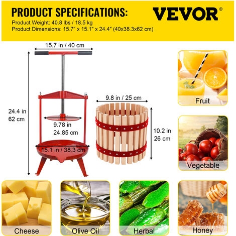 VEVOR Fruit Wine Press, 3.2Gal/12L, Cast Iron Manual Grape Presser for Wine Making, Cider Tincture Vegetables Honey Olive Oil Press with Beech Wood Hollow Basket T-Handle 0.1" Thick Plate 3 Feet