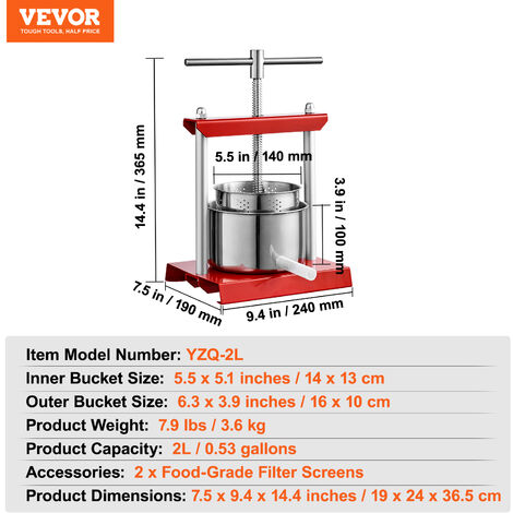 VEVOR Fruit Wine Press, 0.53 Gallon/2L, 2 Stainless Steel Barrels, Manual Juice Maker, Cider Apple Grape Tincture Vegetables Honey Olive Oil Making Press with T-Handle for Outdoor, Kitchen, and Home