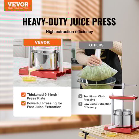 VEVOR Fruit Wine Press, 0.53 Gallon/2L, 2 Stainless Steel Barrels, Manual Juice Maker, Cider Apple Grape Tincture Vegetables Honey Olive Oil Making Press with T-Handle for Outdoor, Kitchen, and Home