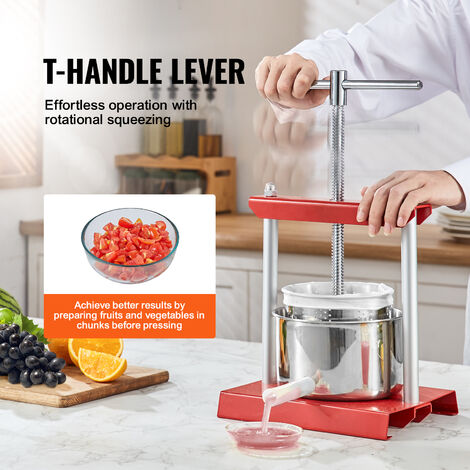 VEVOR Fruit Wine Press, 0.53 Gallon/2L, 2 Stainless Steel Barrels, Manual Juice Maker, Cider Apple Grape Tincture Vegetables Honey Olive Oil Making Press with T-Handle for Outdoor, Kitchen, and Home