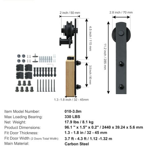 Mophorn 8FT Sliding Barn Door Hardware Kit  330LBS Heavy Duty Track for Double Doors  Fits 3.7-4.3FT Wide  1.3"-1.8" Thick Panels  Smooth & Silent I-Shaped Pulleys