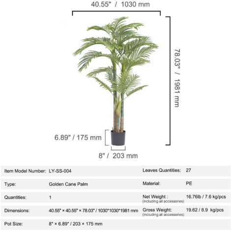 Mophorn 2m Artificial Gold Cane Palm Tree, Faux Green Plant, PE Material with Anti-Tip Protection, Lifelike Low-Maintenance Decor for Home Office Warehouse Indoor Outdoor