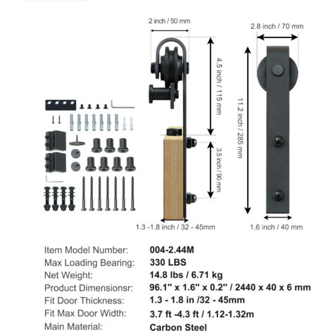 Mophorn 8FT Sliding Barn Door Hardware Kit, 330LBS Capacity Heavy Duty Track for Single Door, Fits 3.7-4.3FT Wide, 1.3"-1.8" Thick Panels, Smooth Silent J Shape Pulley