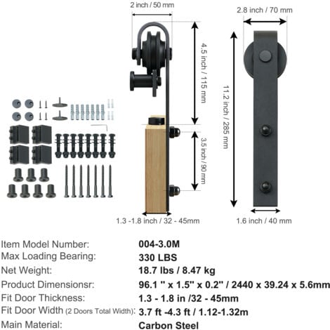 Mophorn 8FT Sliding Barn Door Hardware Kit - 330LBS Heavy Duty Track for Double Doors, Fits 3.7-4.3FT Wide, 1.3"-1.8" Thick Panels, Smooth & Silent J Shape Pulley