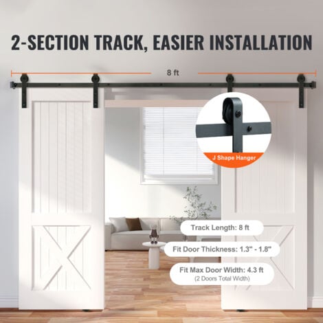 Mophorn 8FT Sliding Barn Door Hardware Kit - 330LBS Heavy Duty Track for Double Doors, Fits 3.7-4.3FT Wide, 1.3"-1.8" Thick Panels, Smooth & Silent J Shape Pulley
