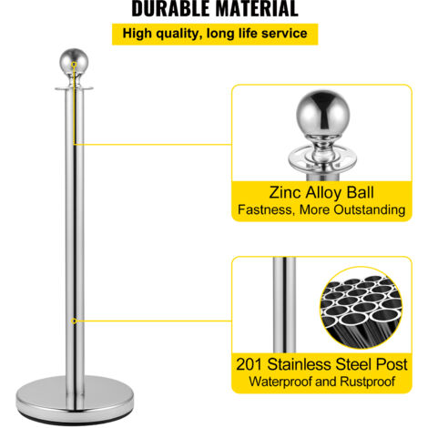 VIP Crowd Control Stanchion Set – 2 Mirror Stainless Taper Posts + 1 Red Rope – Domed Top – 1614+1651