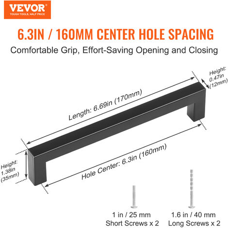 VEVOR 10 Pack Cabinet Pulls, 6.3in / 160mm Center to Center Slim Square Kitchen Cabinet Drawer, Stainless Steel Modern Kitchen Cupboard Door Handles for Kitchen Bathroom Bar Hardware Matte Black