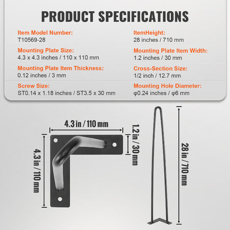 VEVOR 711.2MM Hairpin Furniture Legs, Metal Home DIY Projects for Nightstand, Coffee Table, Desk, 226.8KG Load Capacity with Rubber Floor Protectors, Metal Heavy Duty Sturdy Modern Table Legs, 4PCS