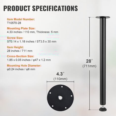 VEVOR 711.2MM Adjustable Desk Legs, Reinforced Steel Office Table Furniture legs Set of 4 for DIY, 544.3KG Load Capacity Heavy Duty Desk Legs, Quick Instalation Legs with Adjustable Foot Cup Black