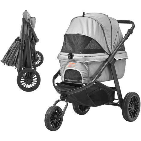 VEVOR Pet Stroller, 3 PU Wheels Dog Stroller Rotate with Brakes, 75 lbs Weight Capacity, Puppy Stroller with Pet Pad, Storage Basket and External Cup Holder, for Small to Medium Sized Dogs, Grey