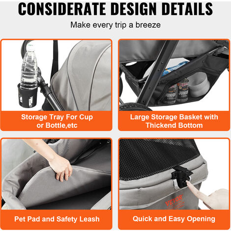 VEVOR Pet Stroller, 3 PU Wheels Dog Stroller Rotate with Brakes, 75 lbs Weight Capacity, Puppy Stroller with Pet Pad, Storage Basket and External Cup Holder, for Small to Medium Sized Dogs, Grey