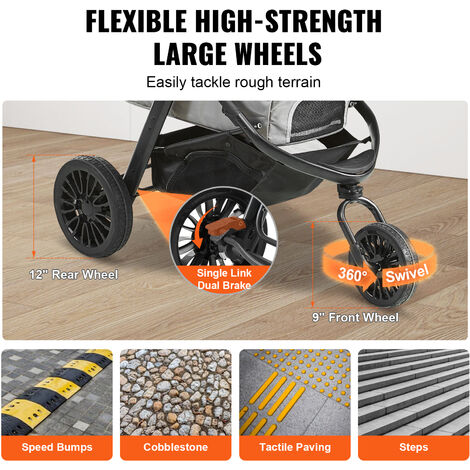 VEVOR Pet Stroller, 3 PU Wheels Dog Stroller Rotate with Brakes, 75 lbs Weight Capacity, Puppy Stroller with Pet Pad, Storage Basket and External Cup Holder, for Small to Medium Sized Dogs, Grey