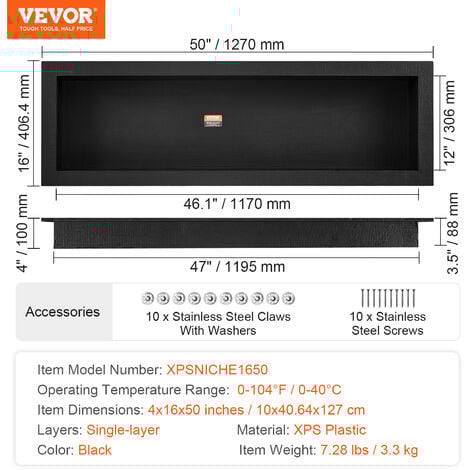 VEVOR Shower Niche Ready for Tile 40.64 x 127 cm, Single Shelf Organizer, Square Corners Wall-inserted Niche Recessed, Sealed Protection Modern Soap Storage Niche for Shower Bathroom, Black