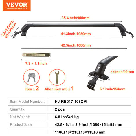 Vevor Universal Roof Rack Crossbar For Naked Roof Vehicle Aluminum With