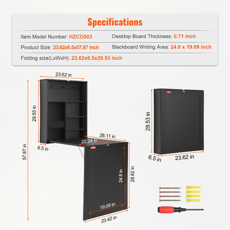 VEVOR Wall Mounted Desk, Fold out Convertible Desk, Multi-Function Folding Wall Table with Chalkboard for Home Office, Space Saving Computer Desk with Storage Area
