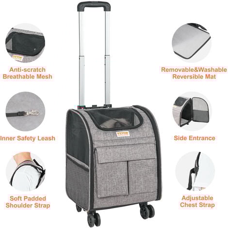 VEVOR Cat Carrier with Wheels Rolling Pet Carrier with Handle 18 lbs Grey