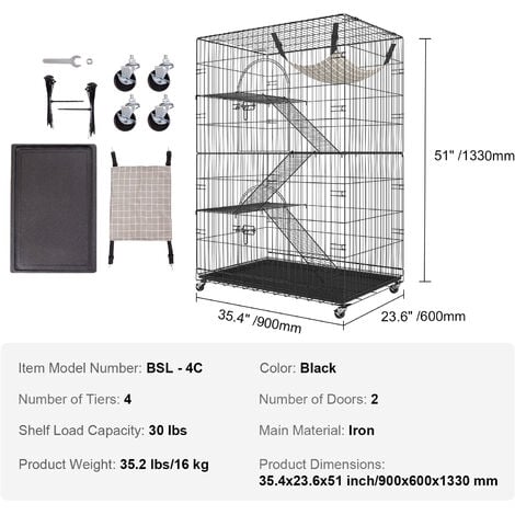 VEVOR Catio, 4-Tier Large Cat Cages Indoor, Detachable Metal Playpen Enclosure with 360° Rotating Casters, with 3 Ladders and a Hammock for 1-3 Cats, 35.4x23.6x51 inch
