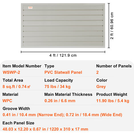 VEVOR Slatwall Panels, 4 ft x 1 ft Gray Garage Wall Panels 12"H x 48"L (Set of 2 Panels), Heavy Duty Garage Wall Organizer Panels Display for Retail Store, Garage Wall, and Craft Storage Organization