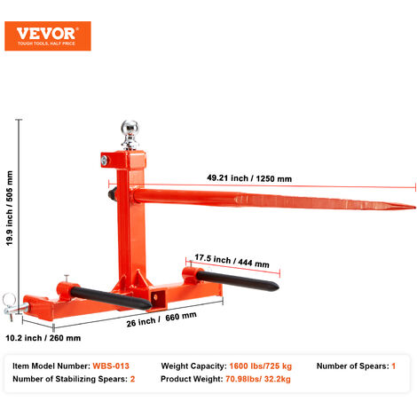 VEVOR 2Pcs Hay Bale Spear 49 4500 lbs Capacity Spike Fork for Tractors Loaders