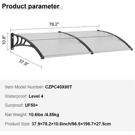 VEVOR Window Door Awning Canopy 40" x 80", UPF 50+ Polycarbonate Entry Door Outdoor Window Awning Exterior, Front Door Overhang Awning for Sun Shutter, UV, Rain, Snow Protection, Hollow Sheet