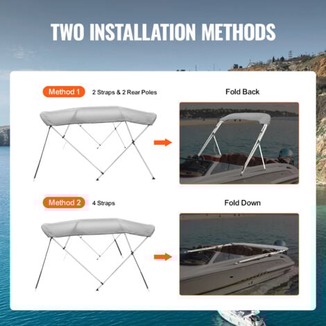 Boat Bimini Top Cover Canopy Replacement Marine Grade Waterproof 4 Bow Bimini Top Sun Shade Canvas with Light Hole and Storage Boot, 2 Colors Grey/Blu Boat Bimini Top Canopy, 4 Bow, Fits 210cm - 250cm Width.