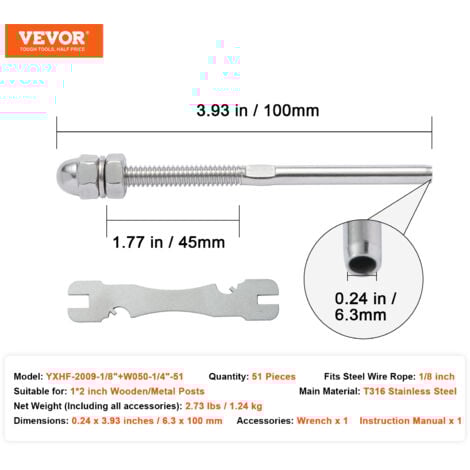 VEVOR 51 Pack Cable Railing Swage Threaded Stud Tension End Fitting Terminal for 3.2mm Deck Cable Railing, T316 Stainless Steel, Cable Railing Tensioner 3.2mm for Wood/Metal Post, Silver